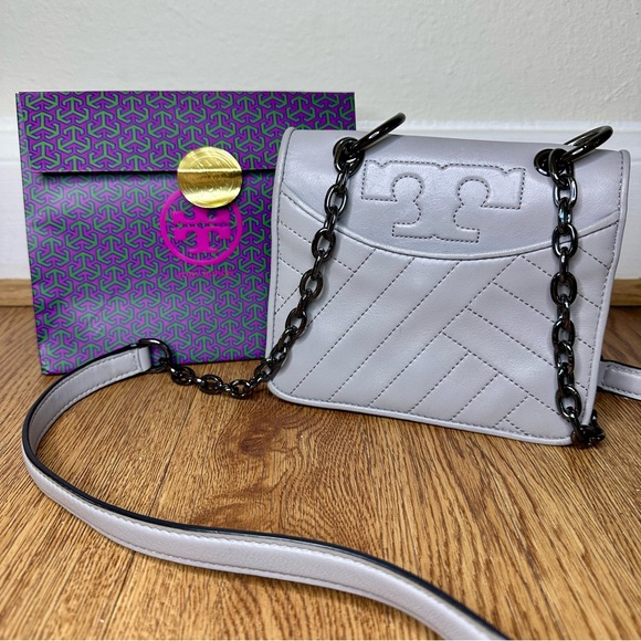 Tory Burch Handbags - Tory Burch Alexa Quilted Mini Gray Leather Shoulder / Crossbody Bag Chain Strap